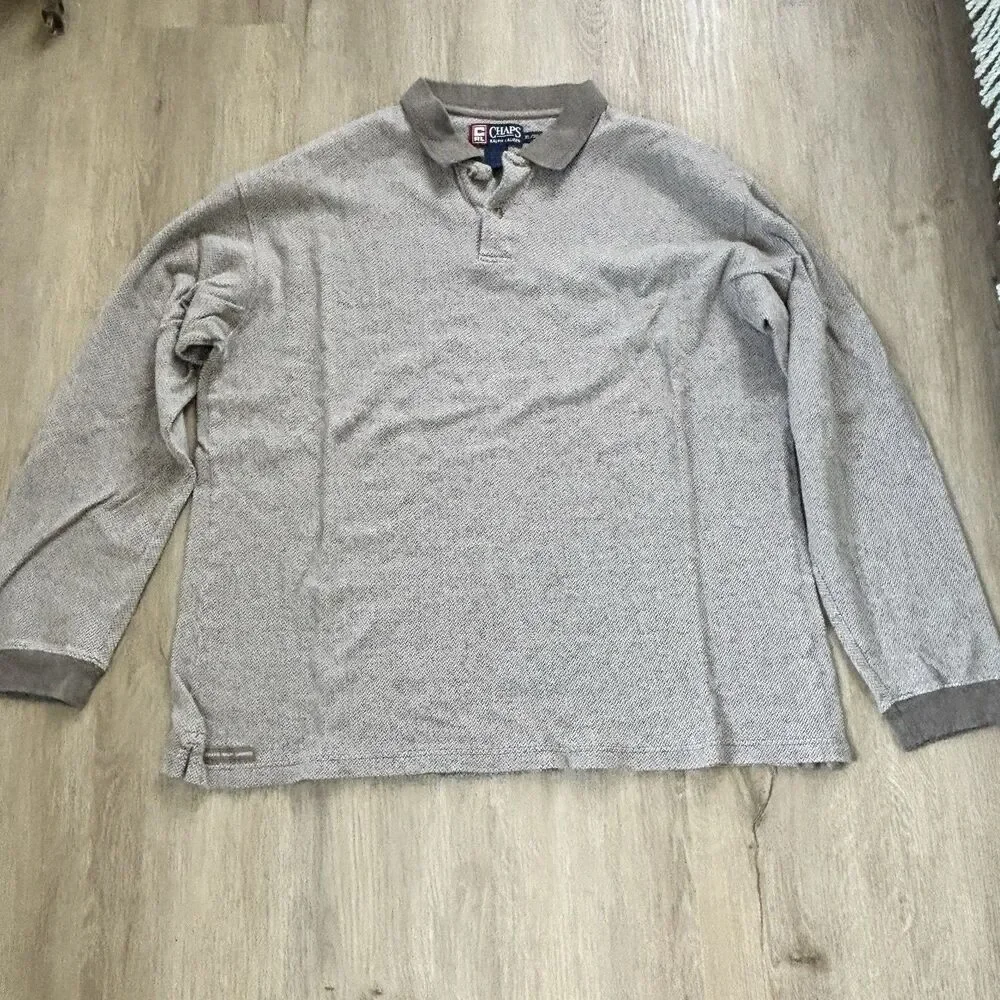 Chaps Ralph Lauren Polo Shirt Mens XL Brown Gray Herringbone Long Sleeve Vintage